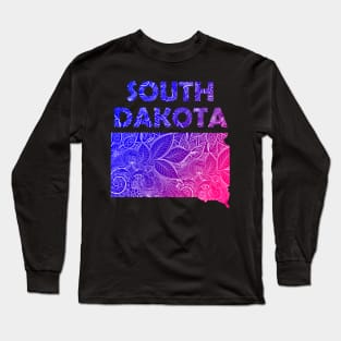 Colorful mandala art map of South Dakota with text in blue and violet Long Sleeve T-Shirt